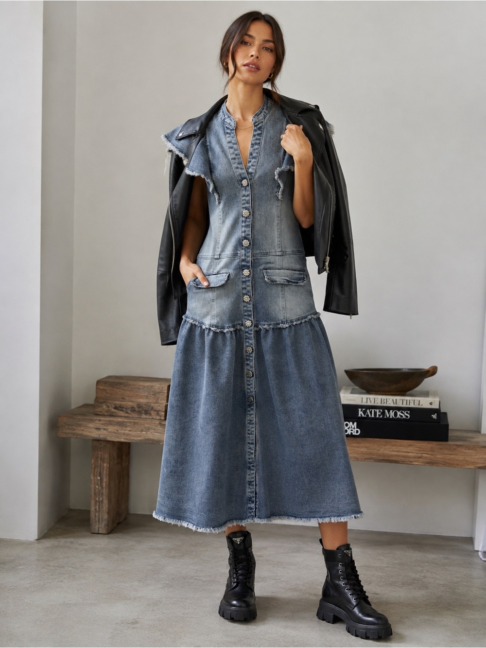 En Saison Denim Midi Dress XS – Raw Edge Detailing Silver Floral Buttons